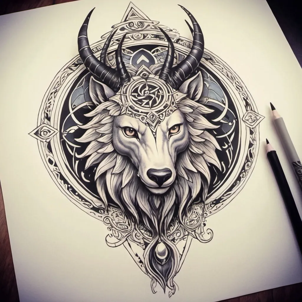 Prompt: I need an idea for tattoo i need the spirit of catching the world  in mythical animal.In retro color like black and grey.