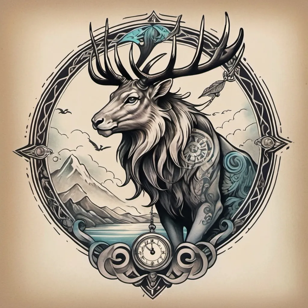 Prompt: I need an idea for tattoo i need the spirit of catching the world  in mythical animal.In retro color like black and grey.