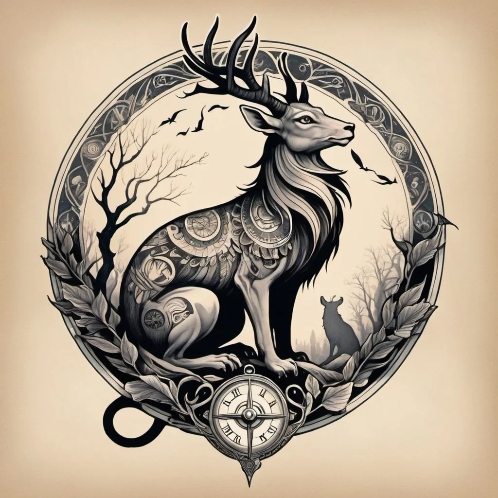 Prompt: I need an idea for tattoo i need the spirit of catching the world  in mythical animal.In retro color like black and grey.