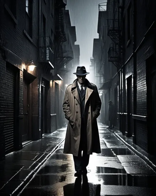 Prompt: Movie poster, private investigator, noir style, dramatic lighting, vintage typography, moody atmosphere, trench coat, fedora hat, dark alley, high contrast shadows, intense gaze, rain-soaked streets, gritty urban setting, retro, vintage, high quality, noir, dramatic lighting, vintage typography, moody atmosphere, intense gaze