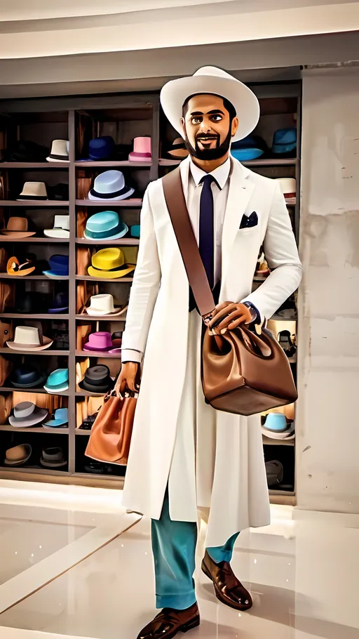 Prompt: a man in a white outfit is holding a brown bag in a store with many hats on display behind him, Ben Enwonwu, hurufiyya, jayison devadas, a picture