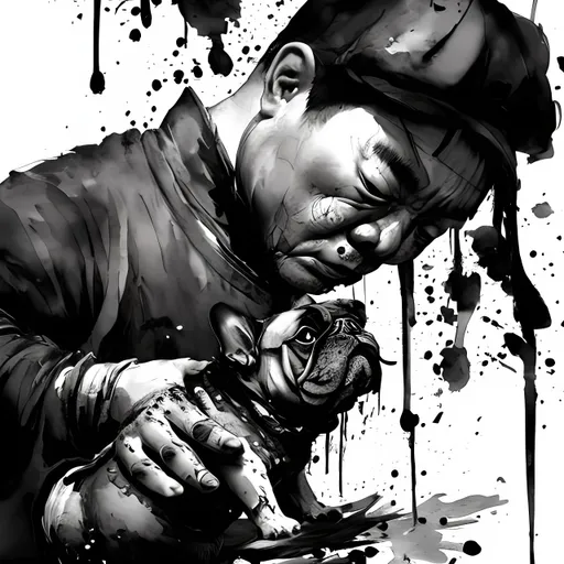 Prompt: Asian man butchering a French bulldog, traditional Chinese ink painting, detailed brushwork, raw emotion, dark and somber, traditional, emotional, ink painting, cultural, detailed brushstrokes, intense expressions, raw emotion, traditional art style, dark and somber tones, dramatic lighting