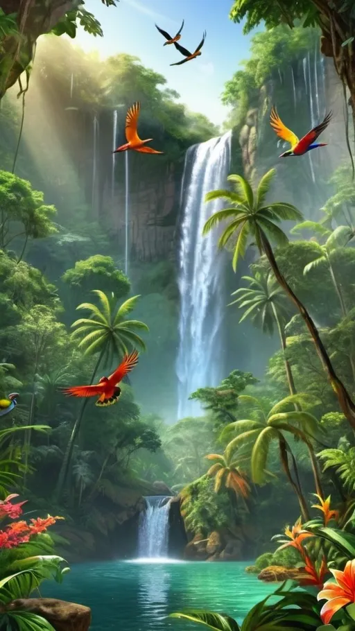 Prompt: Beautiful nature on jungle with waterfall and Birds.
