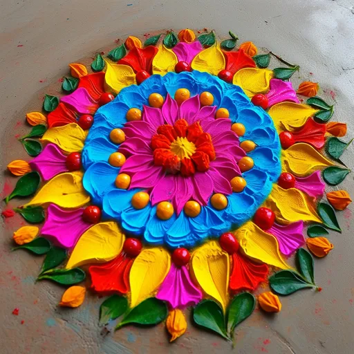 Prompt: Rangoli design with red,blue,pink colors with big art design