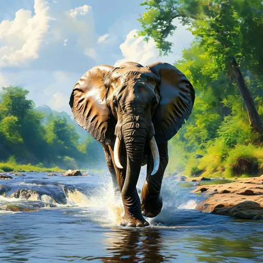 Prompt: A huge elephant with long leg and running in riverside