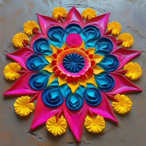 Prompt: Rangoli design with red,blue,pink colors with big art design