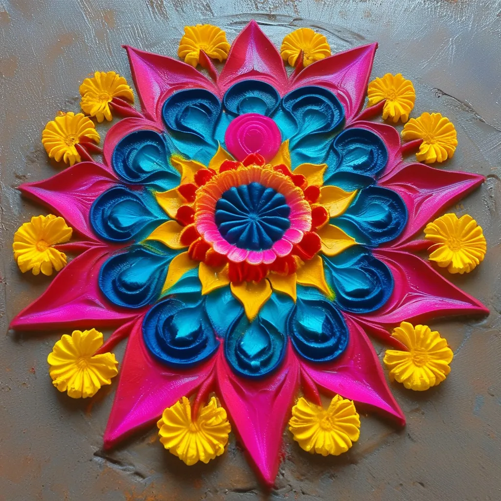 Prompt: Rangoli design with red,blue,pink colors with big art design