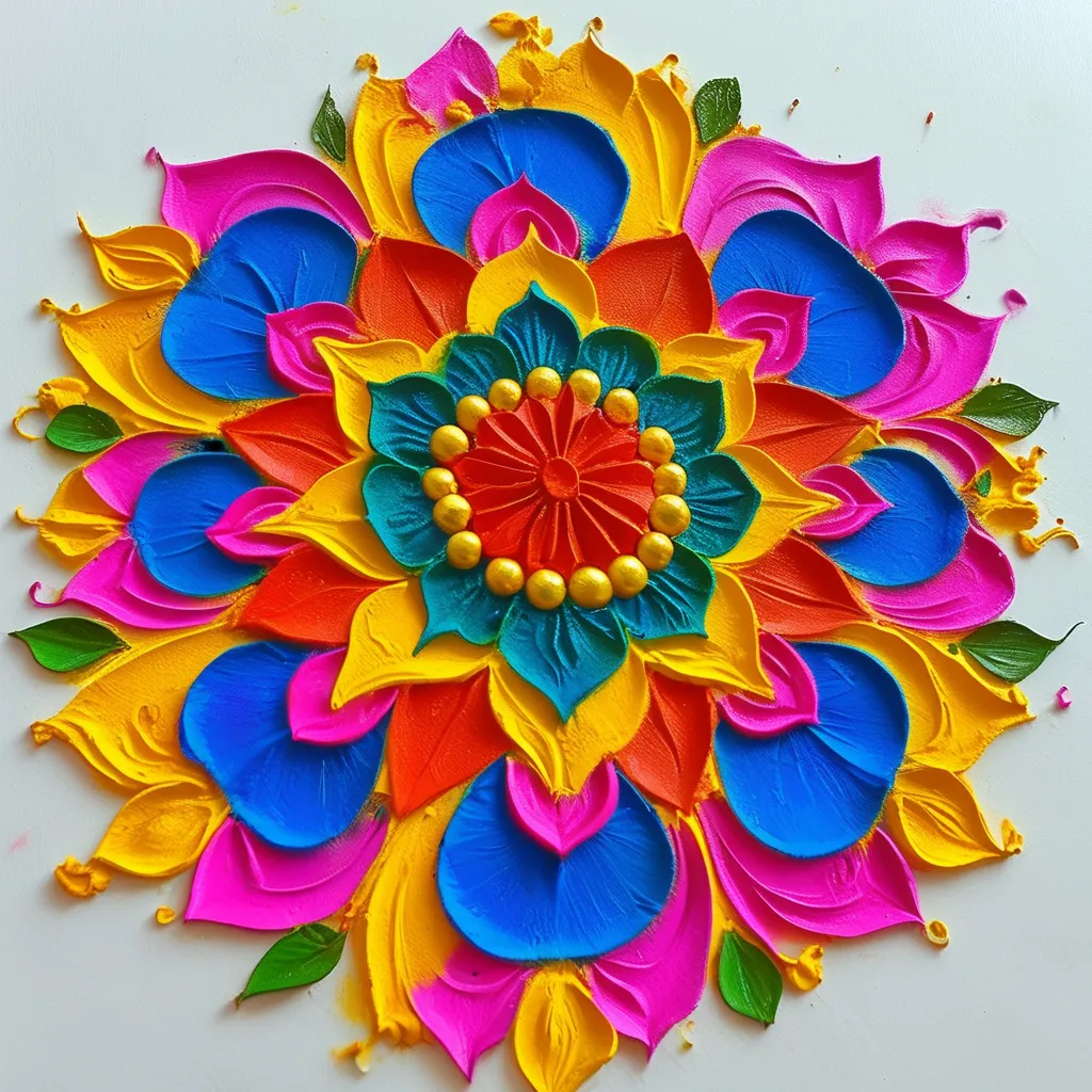 Prompt: Rangoli design with red,blue,pink colors with big art design