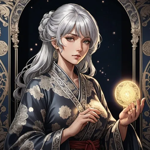 Prompt: tarot card Anime illustration, a silver-haired woman, detailed ornate cloth robe, dramatic lighting