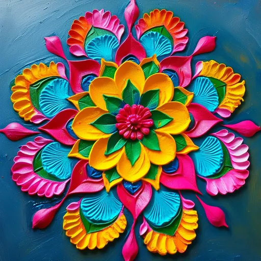 Prompt: Rangoli design with red,blue,pink colors with big art design