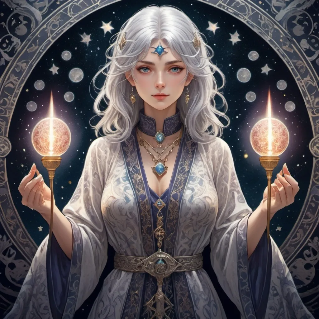 Prompt: tarot card Anime illustration, a silver-haired woman, detailed ornate cloth robe, dramatic lighting