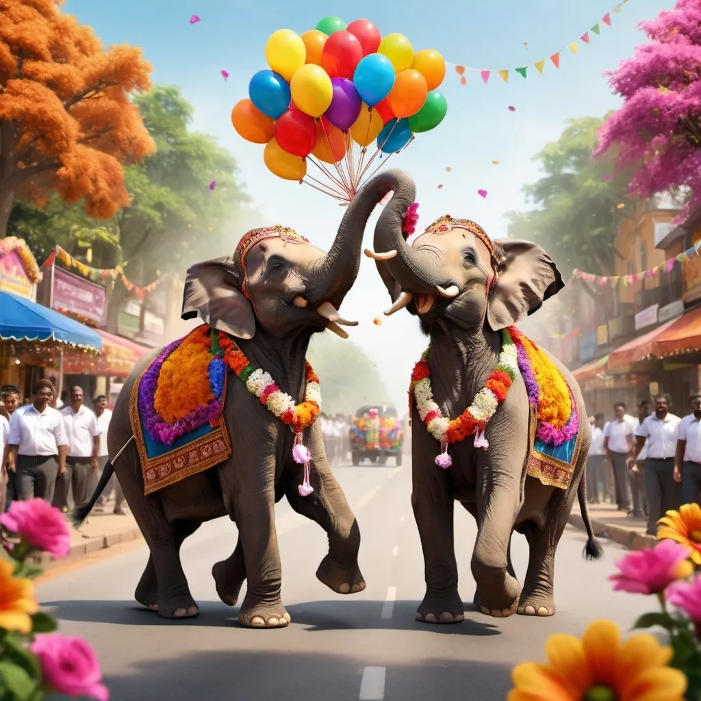 Prompt: Friendship day 2024 greetings by two elephants with flowers and in big town where there are number of trees on road and big band dance