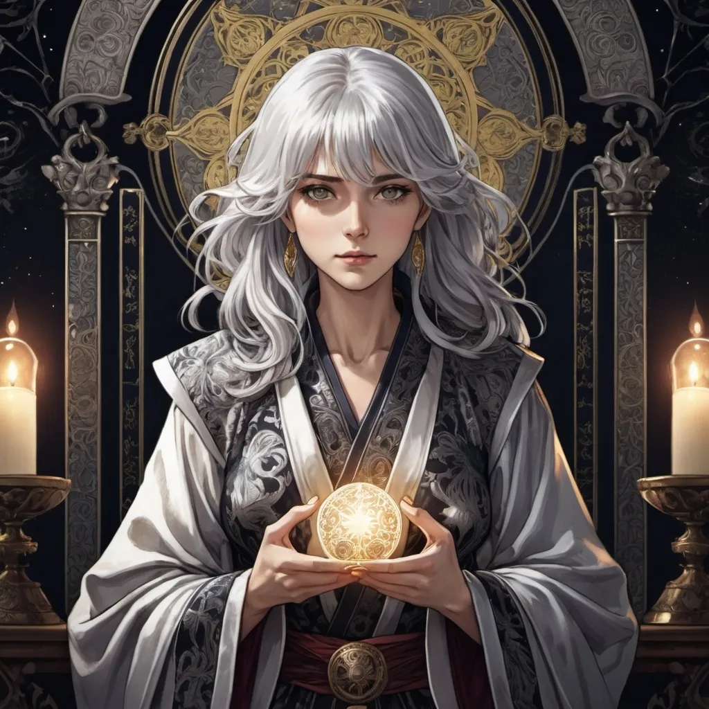 Prompt: tarot card Anime illustration, a silver-haired woman, detailed ornate cloth robe, dramatic lighting