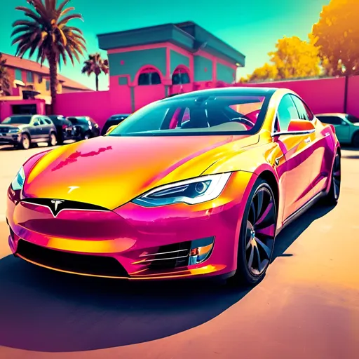 Prompt: vibrant inkpunk style photo of a sports car tesla, sunny