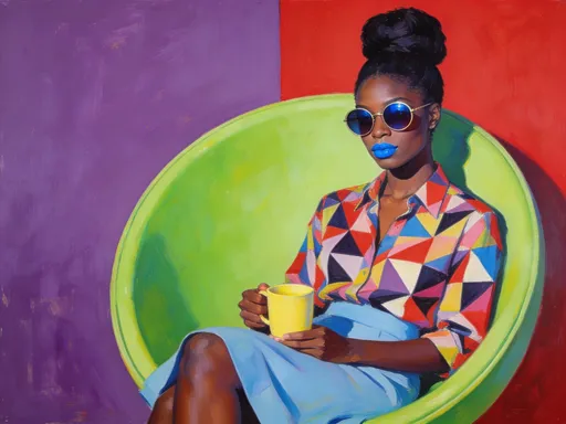 Prompt: A captivating stylized painting presents a young Black woman in her late twenties, gracefully seated in a lime green, circular chair. She is the focal point, adorned in a vibrant, geometric-patterned shirt and a light blue skirt, with her dark skin accentuated by striking bright blue lipstick and round sunglasses. Her hair is styled in an elaborate, tall bun, adding a touch of sophistication. She holds a light yellow mug, her pose suggesting a serene moment. The split background features bold purple and red hues, enhancing the contrast. Strong lighting casts highlights upon her features and textures of her clothing, enriching the image. The painterly style, characterized by visible brushstrokes, emphasizes color and form, imbuing the artwork with a modern, stylish atmosphere. The composition is centered, a striking portrait exuding confidence and elegance, reminiscent of Pop Art with a touch of Art Deco.