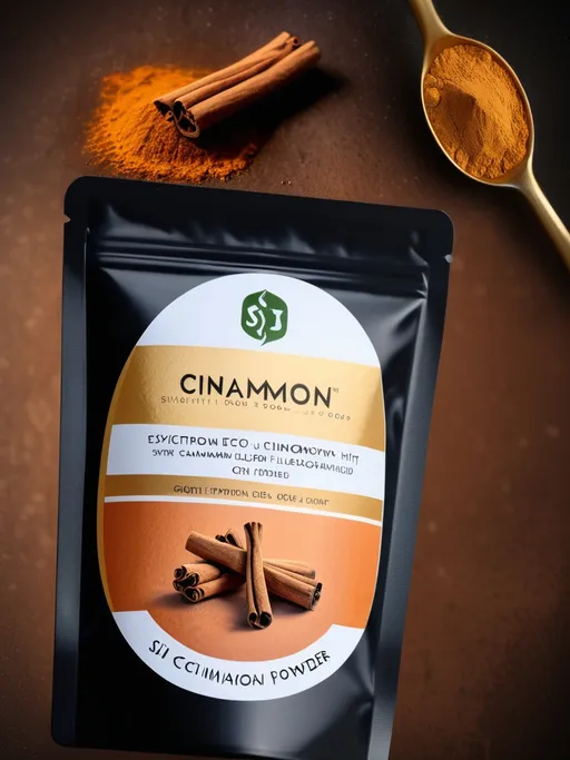 Prompt: Design packet  for si cinnamon powder sigithi eco foods . Called . Crystal, Gold, black, dark brown. Filigreed gold. Exotic, sophisticated. UHD, HDR, 8K, photorealistic. 