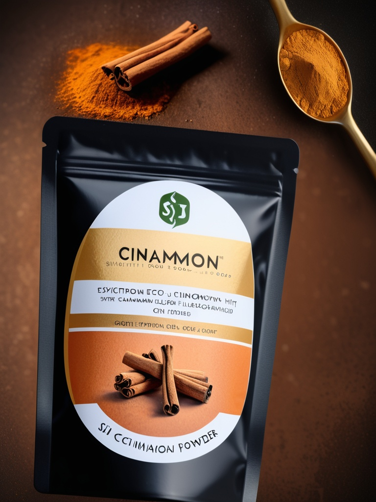 Prompt: Design packet  for si cinnamon powder sigithi eco foods . Called . Crystal, Gold, black, dark brown. Filigreed gold. Exotic, sophisticated. UHD, HDR, 8K, photorealistic. 