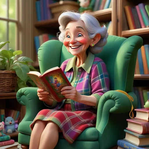 Prompt: (Disney style grandmother) with a (joyful smile), vibrant colors, sitting on a (plaid chair), surrounded by (bookshelves filled with colorful books), reading to (enchanted children), with a (spindle) and (sewing basket) nearby, holding a (fairy tale book), lush (greenery and plants) in the background, (cozy) ambiance, (ultra-detailed), high-quality illustration.