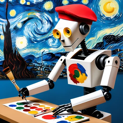 Prompt: create a banner for a magazine article. The banner must be 6 inches wide and 2.5 inches in height. In the banner, show a Robot painting a work of art by van gogh. The robot is a slender robot wearing a red painter's beret and holding a color paint palette on the left hand and and a paint brush on the right. the background of the robot is similar to the windows XP desktop background without any texts or letters. Put a small image of a sun on the top left of the image. put the robot on the left portion of the image banner.