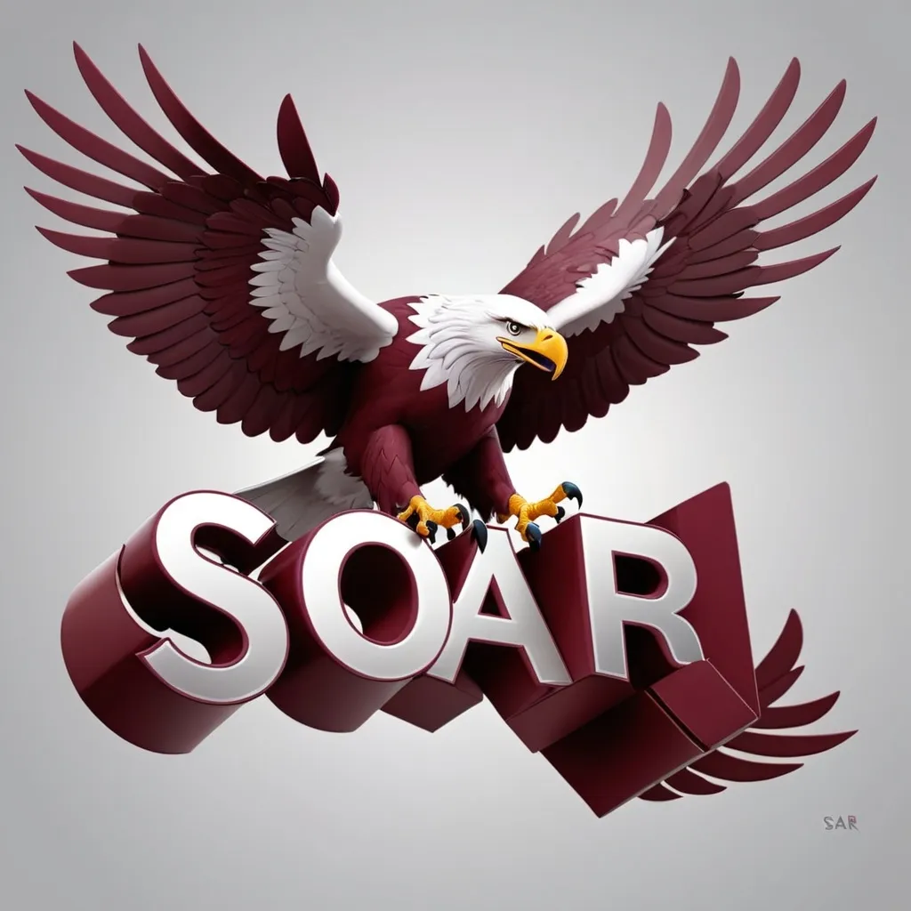 Prompt: A silver and maroon colored eagle flying over the word SOAR. The word SOAR is big white block letters. 