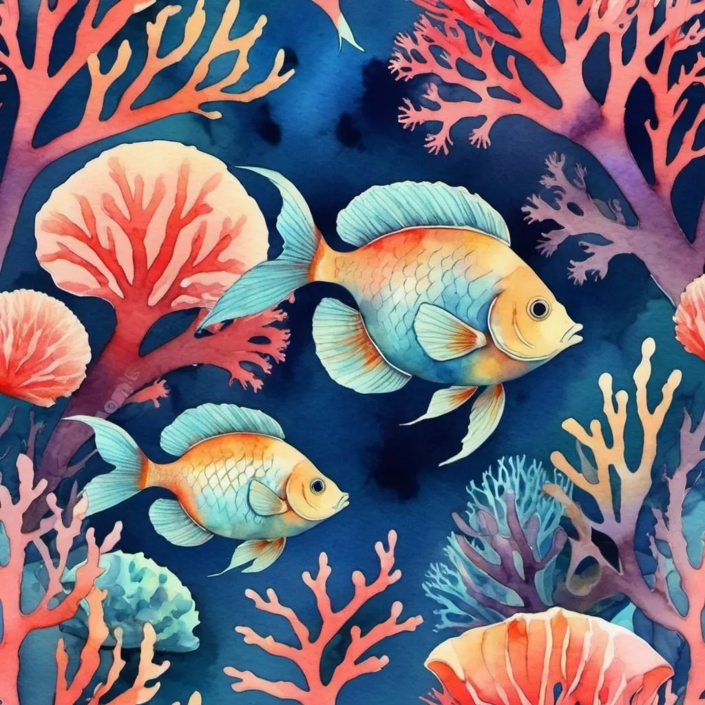 Prompt: Fish in watercolor effect,  polychromatic scheme, deep sea, corals and sea plants