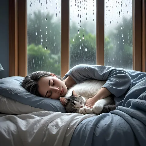 Prompt: (A tranquil scene) a woman peacefully sleeping in her cozy bed, a fluffy cat curled beside her, gentle raindrops cascading down a glass window, creating a soothing ambiance, soft warm light illuminating the bedroom, muted gray and blue tones from the rain outside, (ultra-detailed) capturing the serene atmosphere of a rainy day indoors.