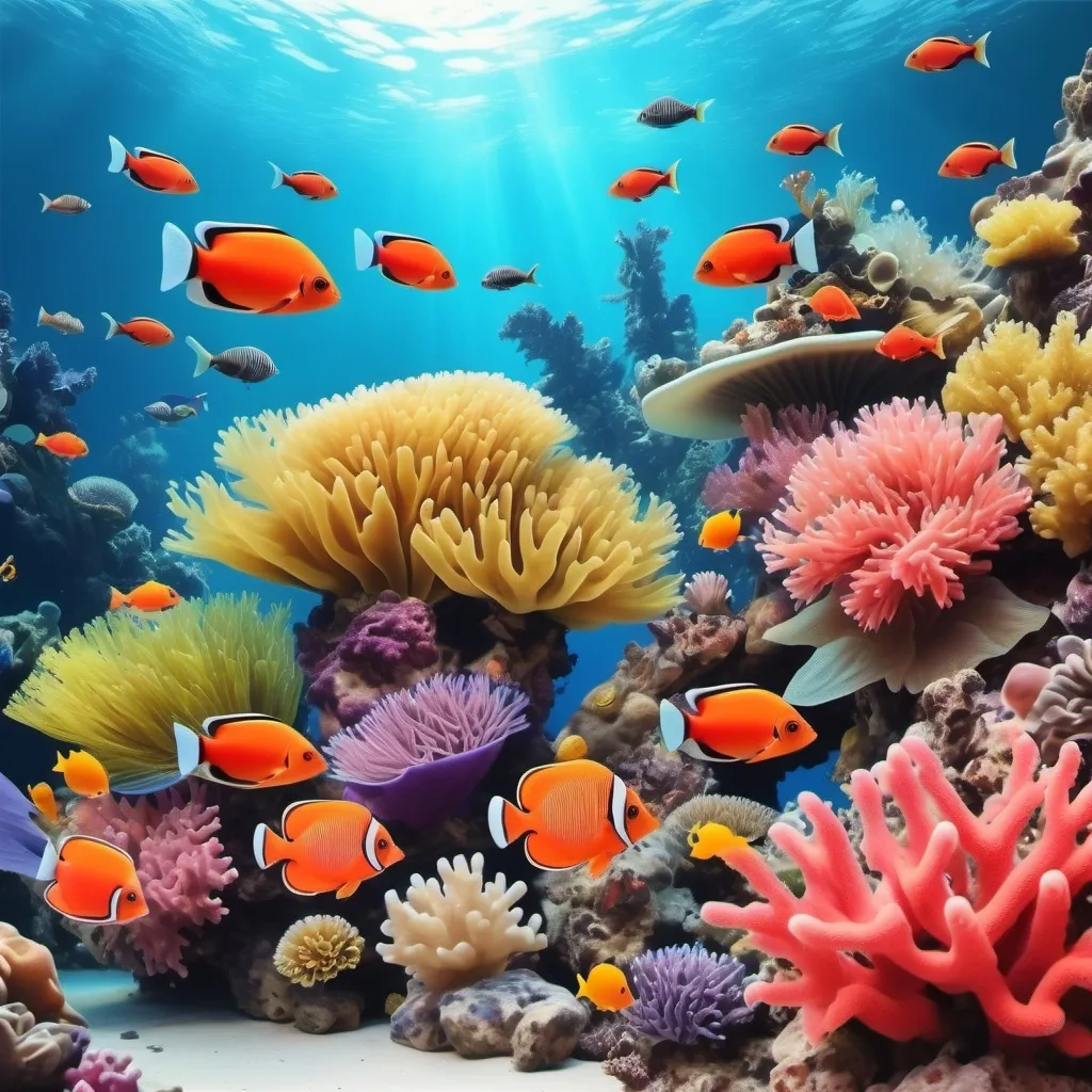 Prompt: Beutiful coral reef with colourful fishes and aqua creature big and small