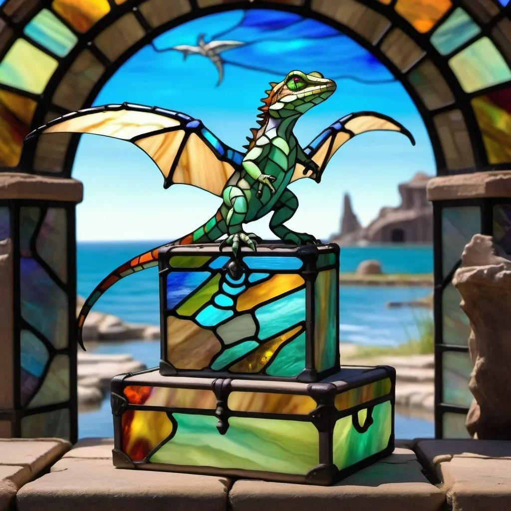 Prompt: <mymodel> Skylizard, lizard, flying, winged lizard, stone bird, mystery box, wasteland background, high resolution, campsite in background, water fountain in background, ocean in background.