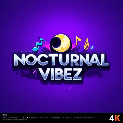 Prompt: **(logo design)** for 'NOCTURNAL VIBEZ,' vibrant silvery lettering with a sleek, modern font, incorporating a crescent moon and music notes, reflecting an energetic nightlife theme, dynamic and professional style, (high contrast colors), urban vibe, seamlessly blending DJ aesthetic, (4K) high resolution, clean background.