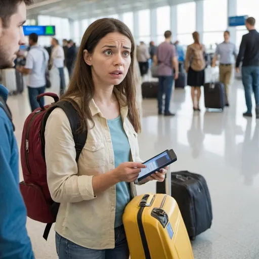 Prompt: woman standing in a busy airport talking to the checkin man who is asking questions. she looks worried and confused. she has two suitcases and a back pack she is searching in the backpack for her passport
