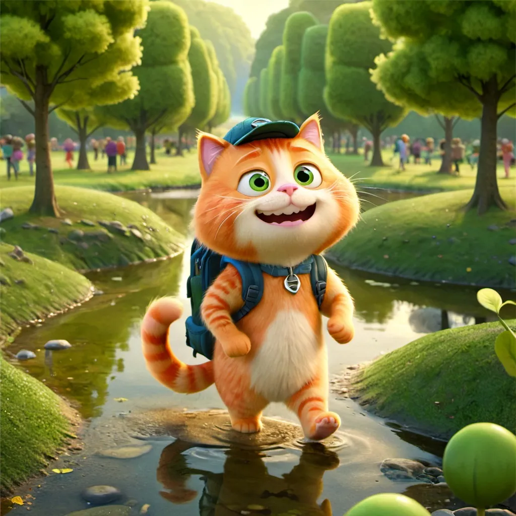 Prompt: a orange cat walking with a happy face on two legs in a part with a hat and a back pack.the park is full of green trees and leaves and has a small pond