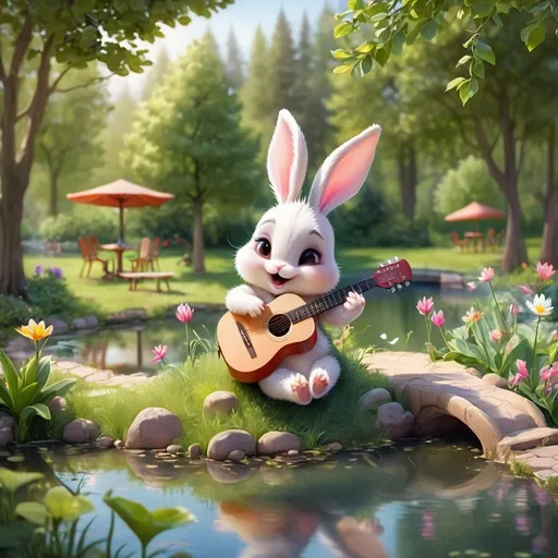 Prompt: a very very small happy cute baby rabbit playing guitar in a small park with a pond surrounded by trees. 