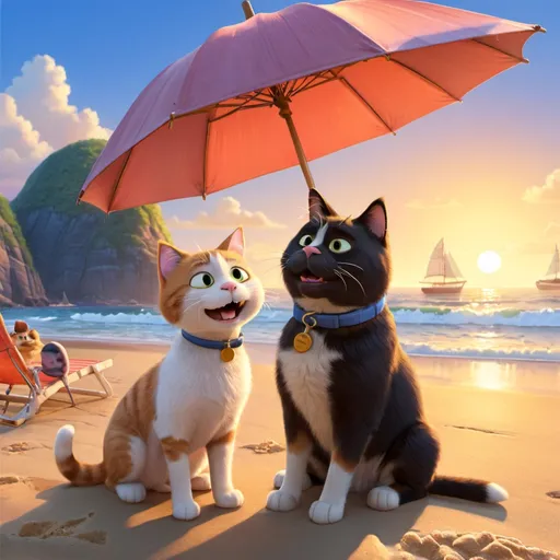 Prompt: image of a happy cat and happy dog at a beach enjoying a sunset under an umbrella. should have white sand and clear blue water with a ship at a large distance. 