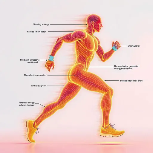 Prompt: A dynamic and scientific illustration showing a human figure in motion, such as running or exercising, with thermal energy visualized as glowing red-orange gradients or heat waves emanating from the body. Overlay thermal imaging patterns (infrared style) on key body areas like legs, back, and arms. Connect the heat visually with arrows or flowing lines to wearable energy-harvesting devices, such as a thermoelectric wristband, a smart patch on the back, or a sensor in the shoe. Use a clean, high-tech, white or light background with soft shadows and minimal distractions. Scientific, anatomical style with subtle highlights, suitable for a Science journal cover or graphical abstract. With clearly labeled wearable thermoelectric generator, dynamic pose, scientific style