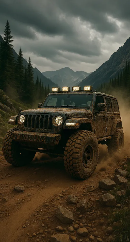 Prompt: An off-road SUV with big rugged tires, covered in mud, driving through rocky mountains under dramatic cloudy skies."