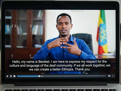 Prompt: "Hello, my name is Bereket. I am here to express my respect for the culture and language of the deaf community. If we all work together, we can create a better Ethiopia. Thank you." Note: Since sign language can vary depending on the context and location, this translation is not intended to be a translation of what is shown in the video It is based on basic signs. Is there another video you would like to have translated for you? Gemini, convert this message into a sign language video for me.