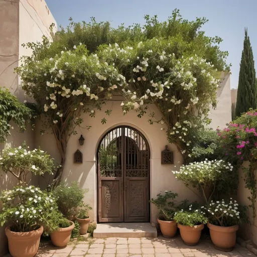 Prompt: A small Arab house surrounded by Syrian jasmine trees, their branches cascading over the garden wall, and the garden gate is open