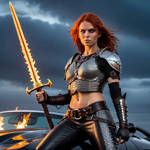 Prompt: auburn-haired female warrior standing on the roof of a black dodge challenger car, wearing chain mail and black leather armor, holding a fiery sword overhead, eyes glowing red