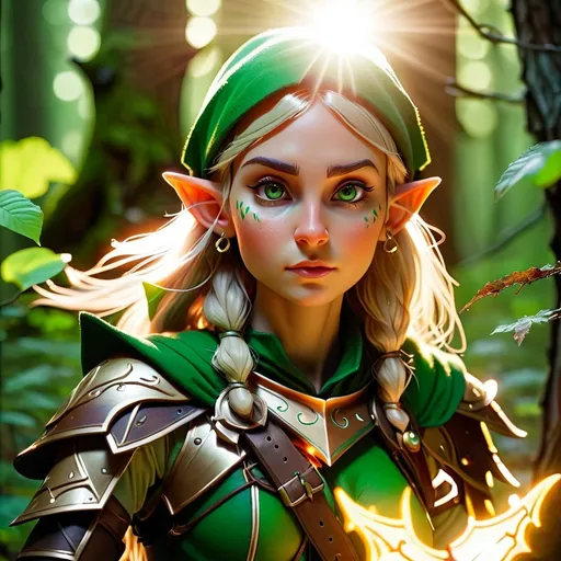 Prompt: Elf ranger in a mystical forest around sunlight