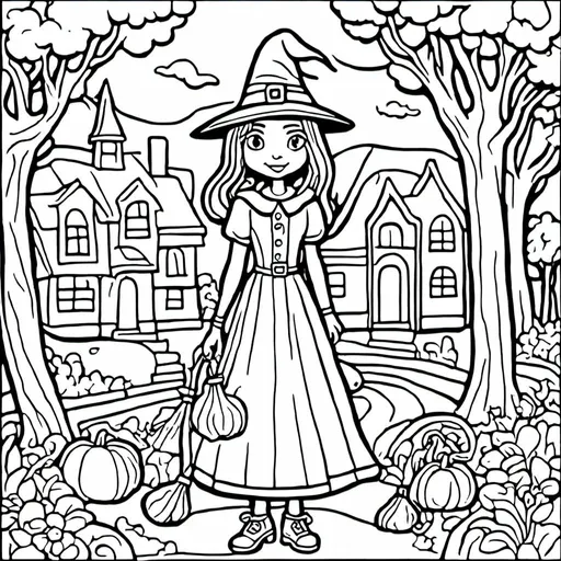 Prompt: Witch in the park, simple black and white coloring book art, in the style of <mymodel>