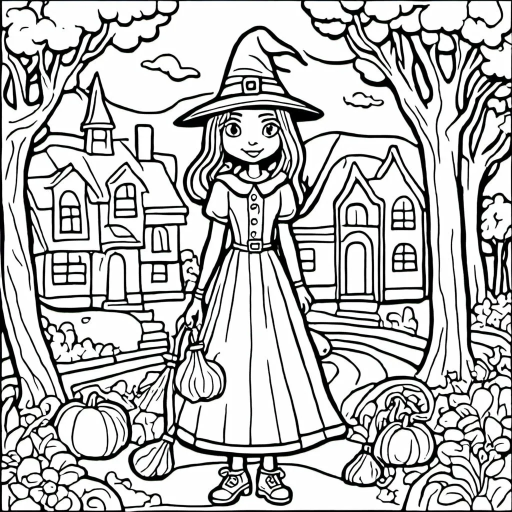 Prompt: Witch in the park, simple black and white coloring book art, in the style of <mymodel>