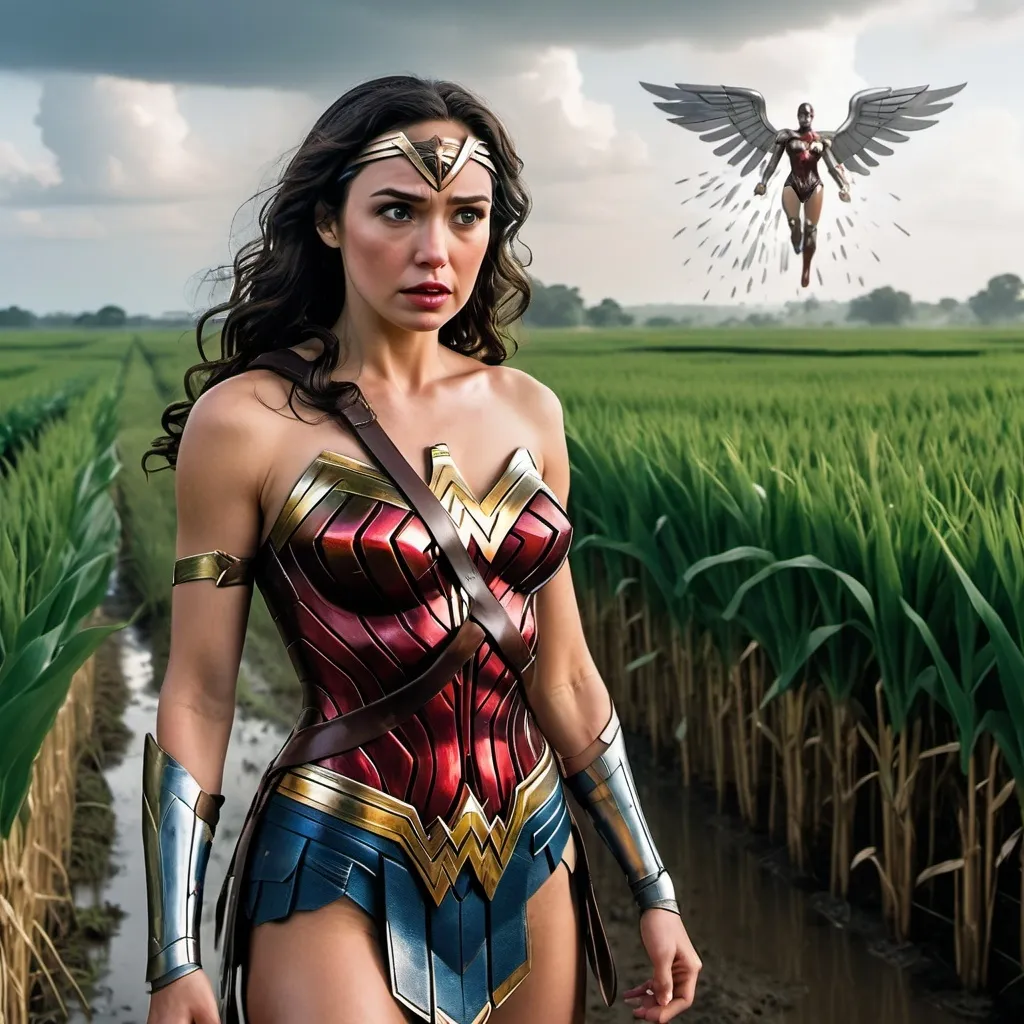 Prompt: "Wonder Woman standing in a rice field, with her eyes closed and a distressed expression. She is covered in a white, slimy substance. In the background, Iron Man is seen flying in the sky. The sky is partly cloudy, and the lighting is natural with soft shadows. The overall mood is somber and surreal."