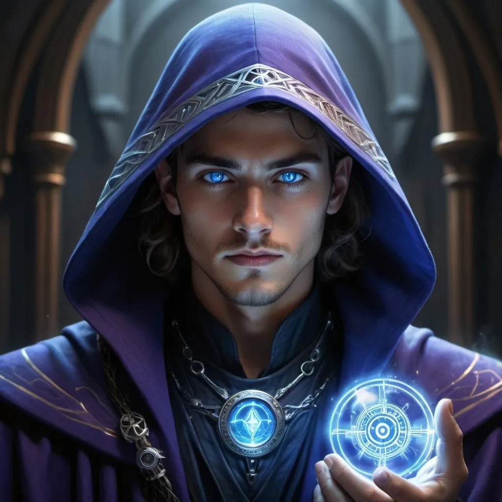 Prompt: Here is an updated prompt with more details:

"Create an ultra-realistic, futuristic, and technological image of a young, strong, powerful wizard without a beard. The wizard should have glowing blue eyes, intricate cybernetic enhancements, and wear a robe that combines ancient symbols with modern technology. Use dark colors predominantly, such as deep blues, blacks, and purples, to create a mysterious and powerful atmosphere. The background should feature a blend of mystical and futuristic elements, with floating holograms and digital magic runes. The overall feel should be a fusion of magic and advanced technology, symbolizing the mastery of personal victory and potential."

This should give a striking and impactful cover for your ebook "Mestre da Vitória Pessoal: Desperte Seu Potencial."