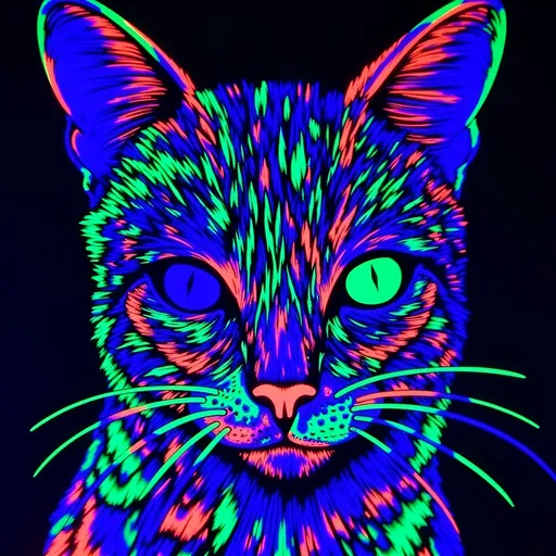 Prompt: (black light art) luminous cat, vivid colors, abstract patterns, glowing details, vibrant neon hues, soft, dark background, mysterious ambiance, captivating visual effects, whimsical, enchanting atmosphere, eye-catching contrast, ultra-detailed, high resolution, intricate designs, dynamic composition, immersive visual experience.