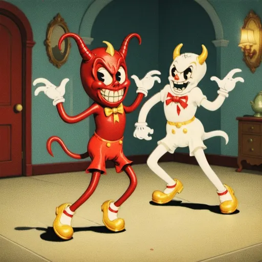 Prompt: 1930s rubberhose style illustration of the anthropomorphic devil, wearing white gloves and red shorts with two gold buttons and yellow shoes. Dancing with a ghost, wearing white gloves, white shoes.