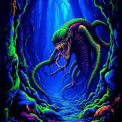 Prompt: (Xenomorph), (H.R. Giger inspired), dark and eerie atmosphere, horror-themed composition, bioluminescent elements, intricate organic shapes, unsettling textures, glowing contrasts, cool tones with deep shadows, high detail, 4K resolution, visually striking, immersive darkness, profound sense of dread, science fiction horror, surreal and alien landscape in the background. (Black light art)