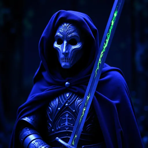 Prompt: Silver mask, black ornate armor, tattered cloak, pilgrim hat, bandolier, silver sword (glowing), moody and atmospheric lighting,low contrast shadows, standing in the dark, intricate details, darkened background with faint glimmers of light, captivating and mysterious vibe, focus on grainy textures, lowres. (Black light art)