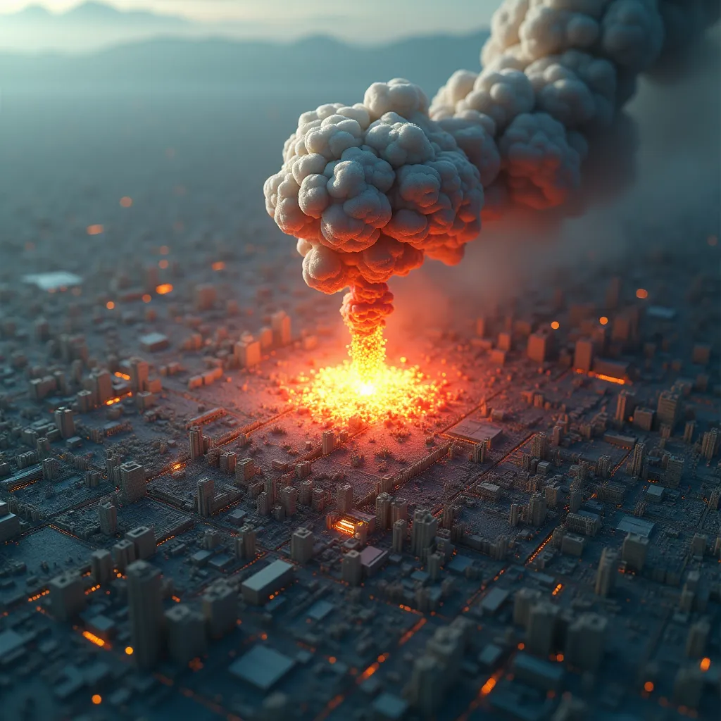 Prompt: aerial view, tilt-shift, isometric miniature world, detailed landscape world render of the atomic bomb hitting Hiroshima.