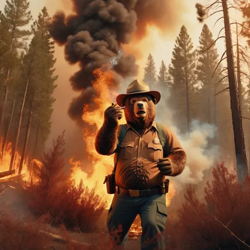 Prompt: (Smokey the Bear) throwing a cigarette into a dry bush, (panicked expression), fleeing in haste, dramatic scene, intense fire ignition, vibrant flames and thick smoke, surrounding forest in chaos, warm color tones, sense of urgency, high detail, dynamic composition, 4K resolution, cinematic atmosphere, capturing a moment of recklessness and dread.