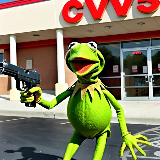 Prompt: Kermit the frog holding a gun walking towards a CVS. 